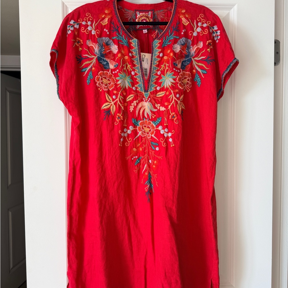 Johnny Was Linen Red Floral Embroidered Dress